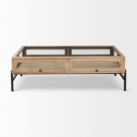 Arelius 42"L Rectangular Light Brown Wood w/ Black Metal Base Display Coffee Table from Mercana - Luna Furniture