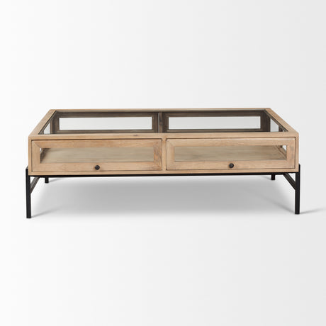 Arelius 42"L Rectangular Light Brown Wood w/ Black Metal Base Display Coffee Table from Mercana - Luna Furniture