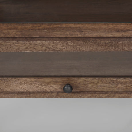 Arelius Rectangular Glass-Top Medium Brown Wood w/ Black Metal Base Display Coffee Table from Mercana - Luna Furniture