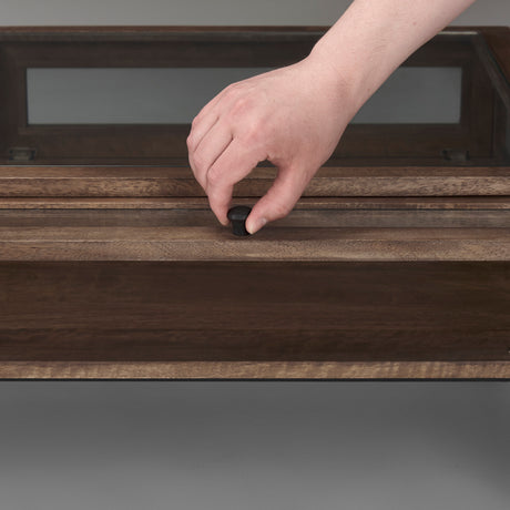 Arelius Rectangular Glass-Top Medium Brown Wood w/ Black Metal Base Display Coffee Table from Mercana - Luna Furniture