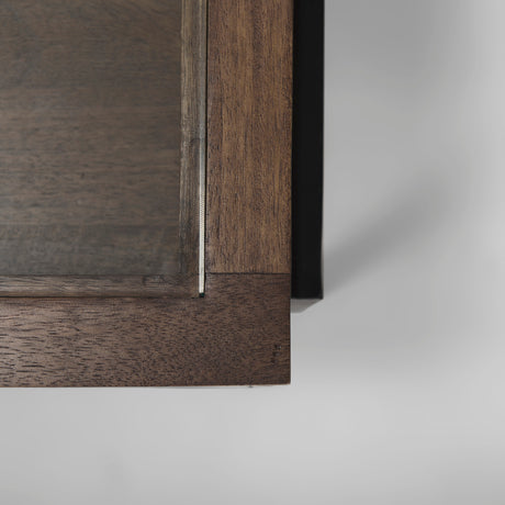 Arelius Rectangular Glass-Top Medium Brown Wood w/ Black Metal Base Display Coffee Table from Mercana - Luna Furniture