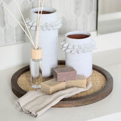 Silas Cane and Medium Brown Wood Round Tray from Mercana - Luna Furniture