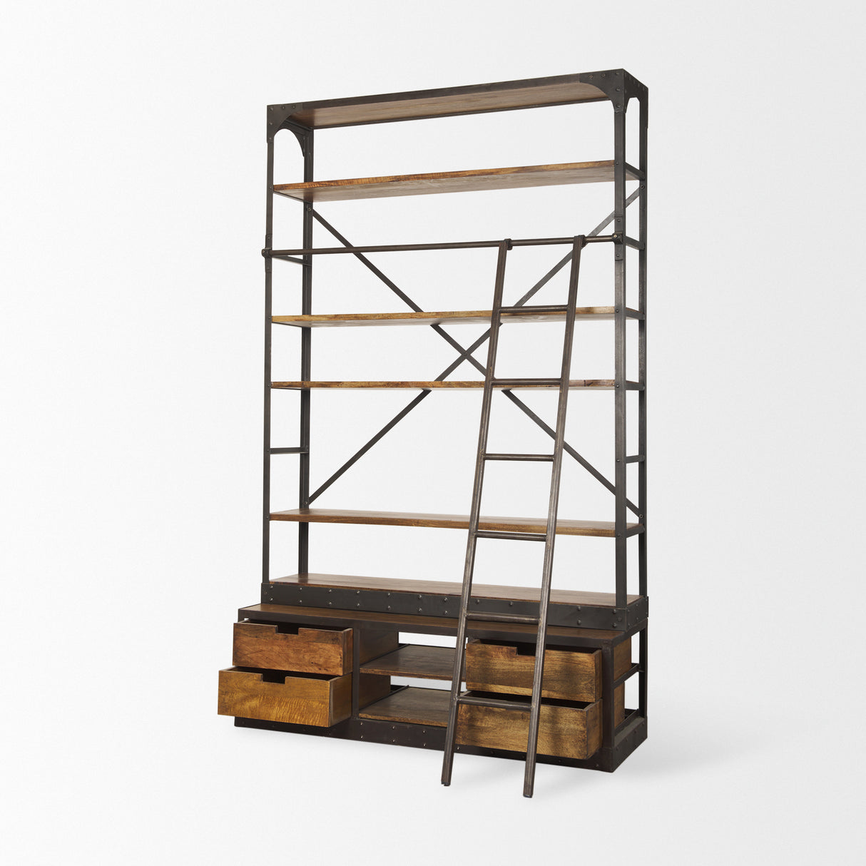 Brodie II Medium Brown Wood Black Ladder Four Shelf Shelving Unit 57L x 20.5W x94H from Mercana - Luna Furniture