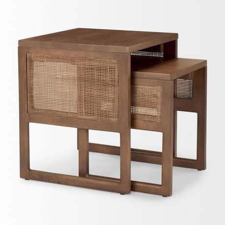 Grier Set of 2 Medium Brown Solid Wood w/ Cane Nesting Accent Tables from Mercana - Luna Furniture