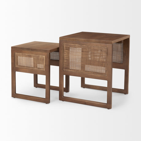 Grier Set of 2 Medium Brown Solid Wood w/ Cane Nesting Accent Tables from Mercana - Luna Furniture