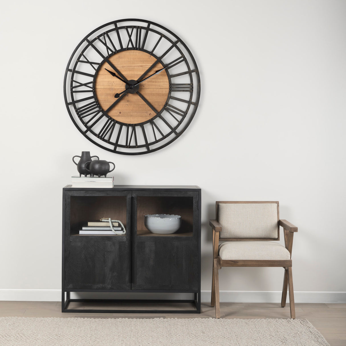 Lewiston 42.1L x 2.6W x 42.1H Black Iron W/Wood Round Wall Clock from Mercana - Luna Furniture