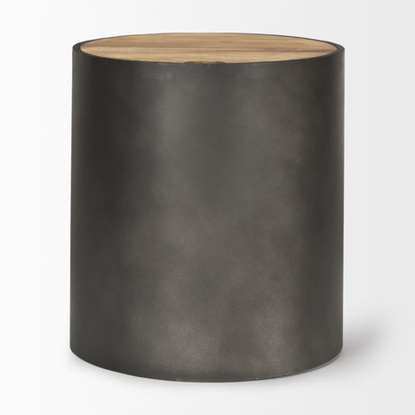 Eclipse Gunmetal Gray Drum Base w/ Brown Wood Top End/Side Table from Mercana - Luna Furniture