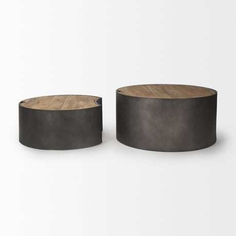 Eclipse Gunmetal Gray Drum Base w/ Brown Wood Top Nested Coffee Table from Mercana - Luna Furniture