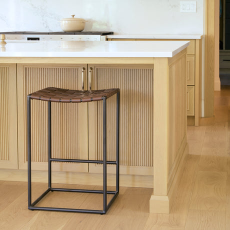 Clarissa 18.0L x 16.0W x 26.25H Dark Brown Woven Leather Seat W/ Black Iron Frame Counter Stool from Mercana - Luna Furniture