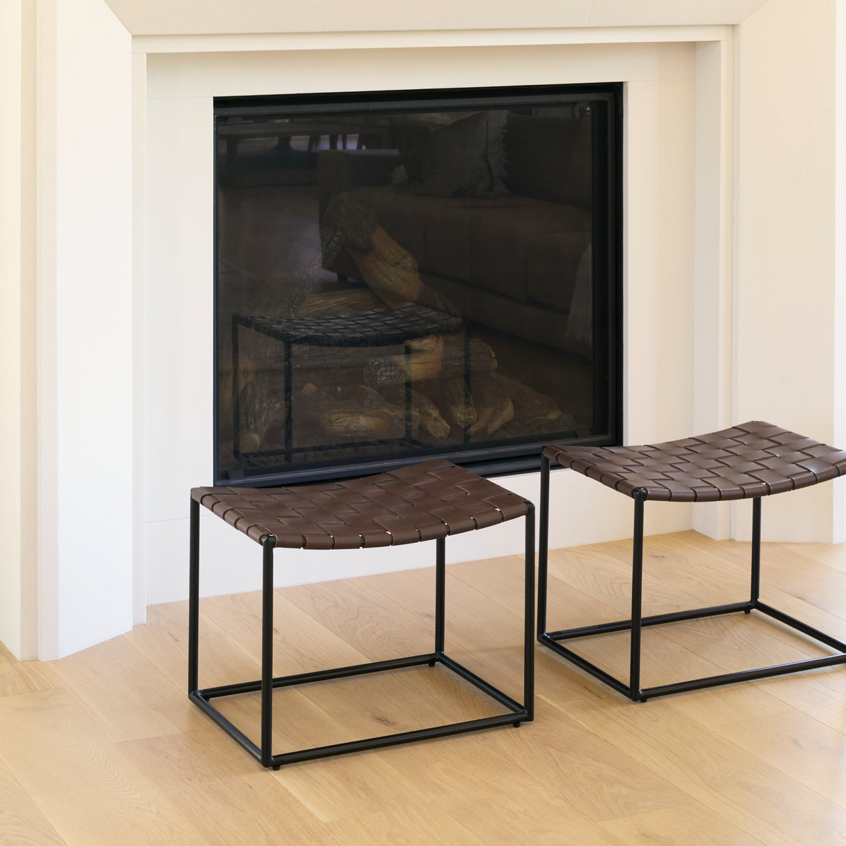 Clarissa 22.0L x 16.0W x 16.5H Brown Leather Woven Seat W/ Black Metal Frame Stool from Mercana - Luna Furniture