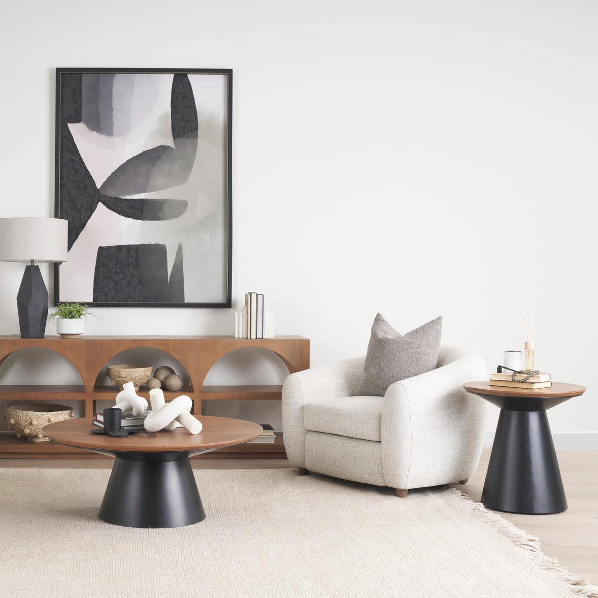 Mitchell 22.0L x 22.0W x 23.0H Black Metal Pedetal Base with Brown Wood Top Side Table from Mercana - Luna Furniture