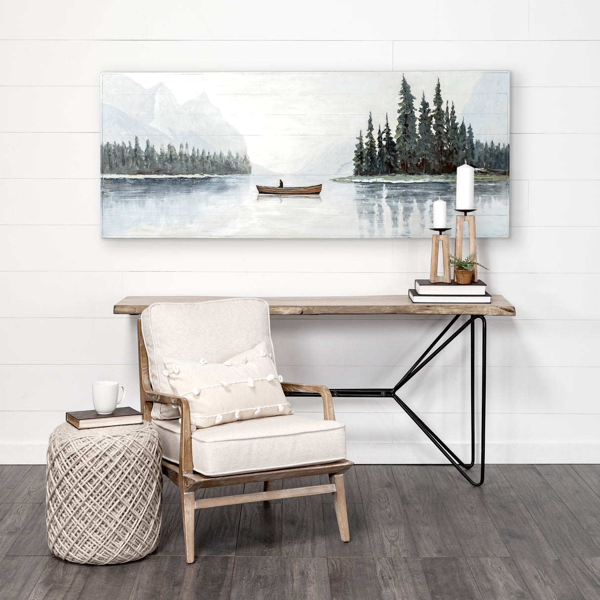 Solitude 72x30 Canoe on the Lake Original Hand Painted on Wood Oil Painting from Mercana - Luna Furniture