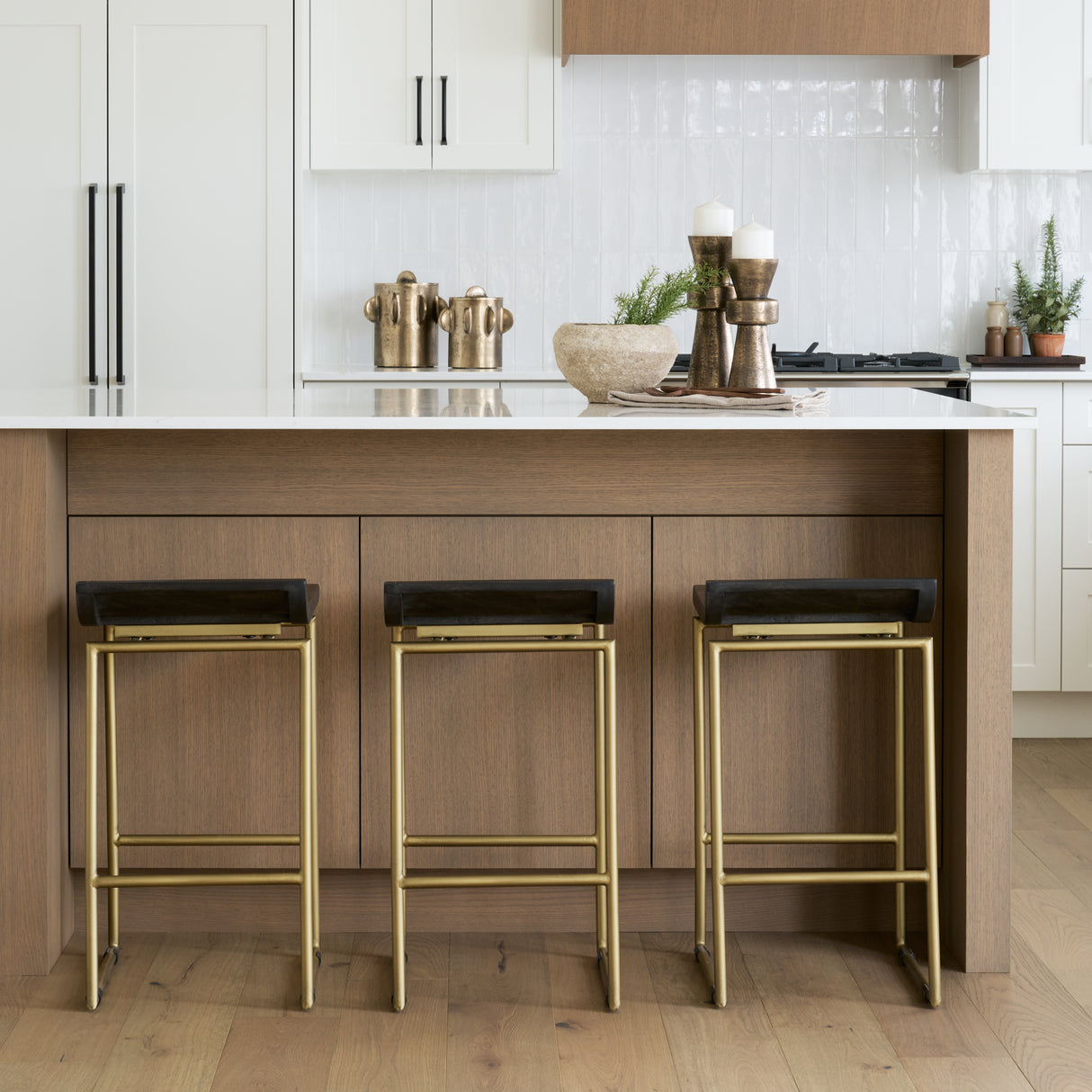 Givens 24.25"H Brown Wood Seat Gold Metal Frame Stool from Mercana - Luna Furniture