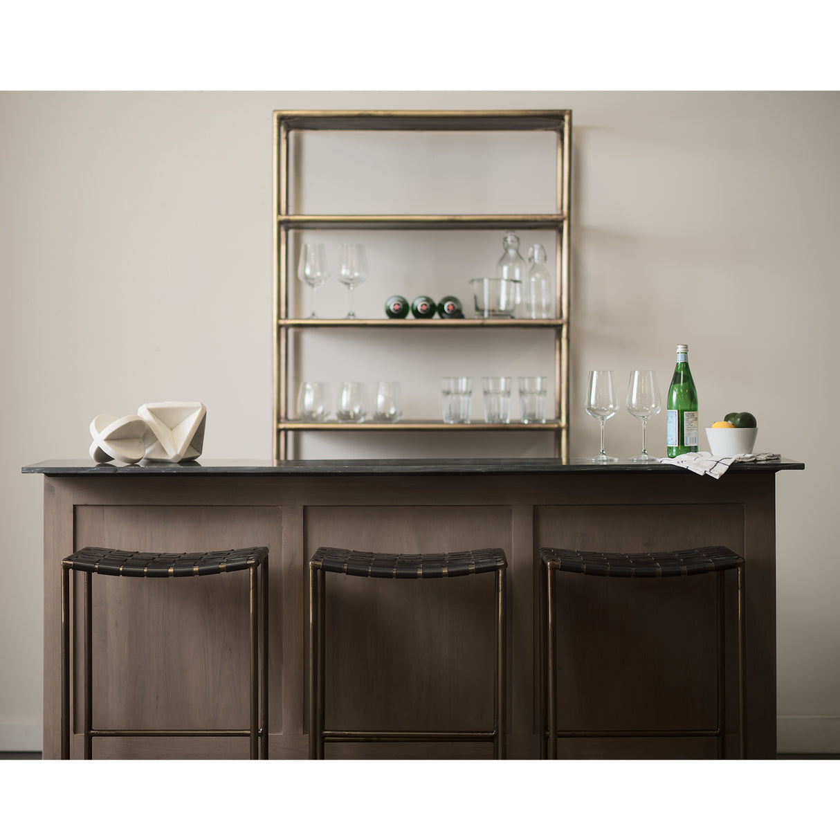 Clarissa 18.0L x 16.0W x 26.25H Black Woven Leather Seat W/ Gold Frame Counter Stool from Mercana - Luna Furniture
