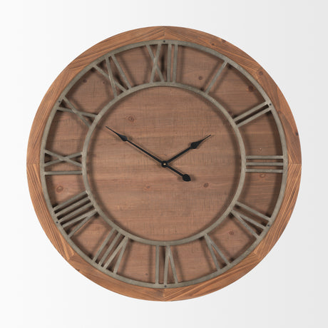 Raul Medium Brown Wood W/ Silver Metal Wall Clock from Mercana - Luna Furniture