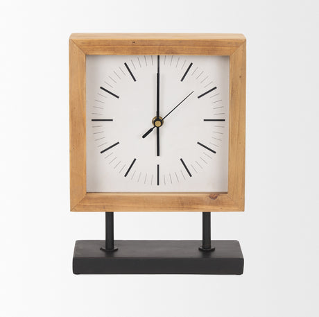 Renaya Light Brown Wood w/ Matte Black Metal Base Table Clock from Mercana - Luna Furniture