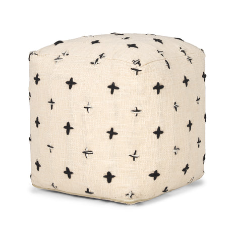 Saanvi Wool w/ Cream and Black Stitched Cross Patterned Pouf from Mercana - Luna Furniture
