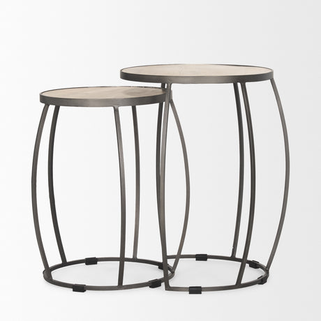 Clapp Round Light Brown W/ White Wash Wood and Silver Metal Nesting Accent Tables (Set of 2) from Mercana - Luna Furniture