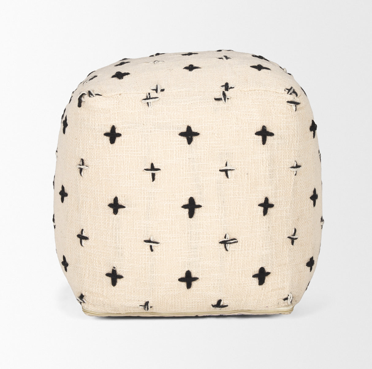 Saanvi Wool w/ Cream and Black Stitched Cross Patterned Pouf from Mercana - Luna Furniture