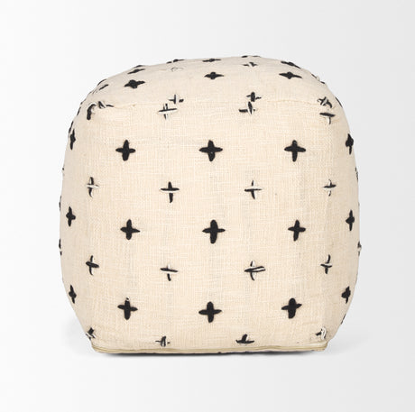 Saanvi Wool w/ Cream and Black Stitched Cross Patterned Pouf from Mercana - Luna Furniture