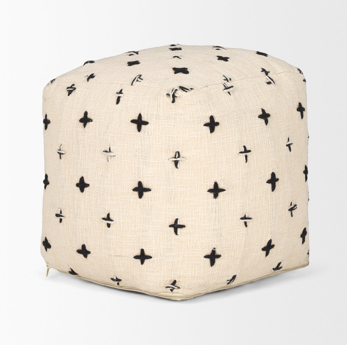 Saanvi Wool w/ Cream and Black Stitched Cross Patterned Pouf from Mercana - Luna Furniture