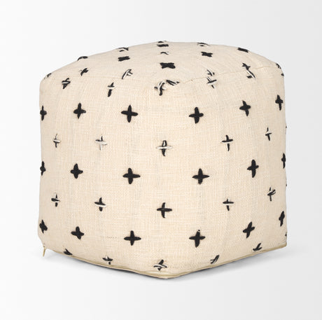Saanvi Wool w/ Cream and Black Stitched Cross Patterned Pouf from Mercana - Luna Furniture