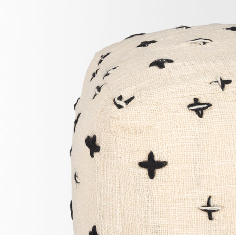 Saanvi Wool w/ Cream and Black Stitched Cross Patterned Pouf from Mercana - Luna Furniture