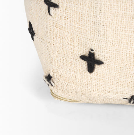 Saanvi Wool w/ Cream and Black Stitched Cross Patterned Pouf from Mercana - Luna Furniture