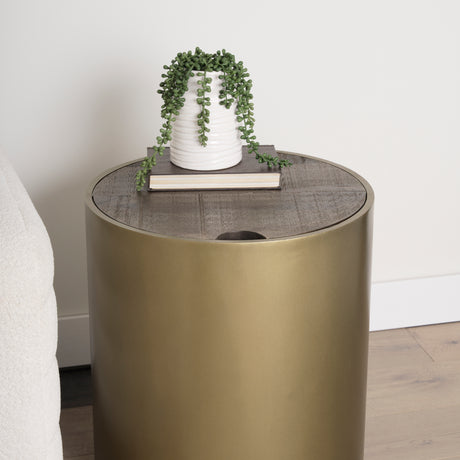 Eclipse Antique Brass Metal Drum Base w/ Dark Brown Wood Top End/Side Table from Mercana - Luna Furniture