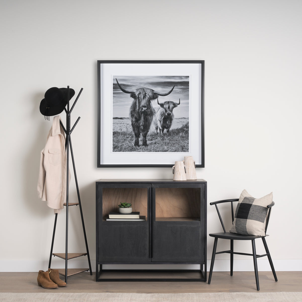 Everett Matte Black Metal w/ Two Wood Shelves Coat Rack from Mercana - Luna Furniture