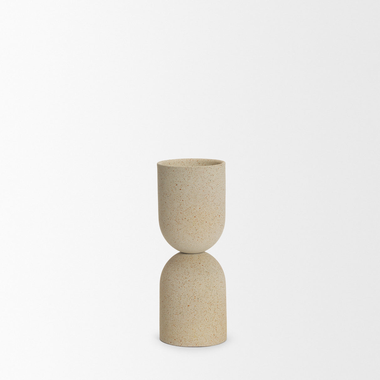 Qamra Short Beige Textured Metal Pillar Candle Holder from Mercana - Luna Furniture