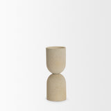 Qamra Short Beige Textured Metal Pillar Candle Holder from Mercana - Luna Furniture