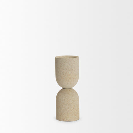 Qamra Short Beige Textured Metal Pillar Candle Holder from Mercana - Luna Furniture
