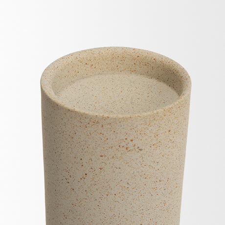 Qamra Short Beige Textured Metal Pillar Candle Holder from Mercana - Luna Furniture