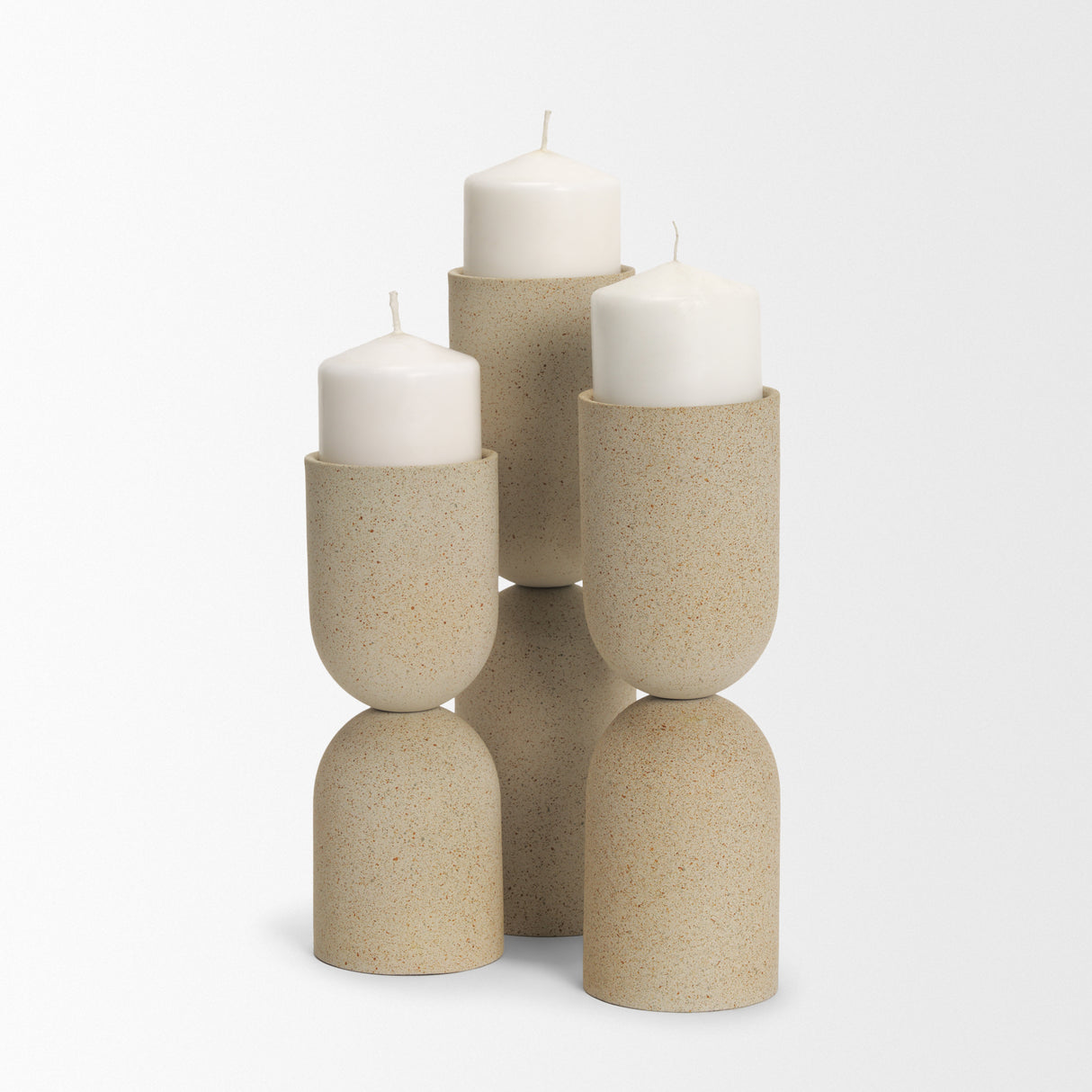 Qamra Short Beige Textured Metal Pillar Candle Holder from Mercana - Luna Furniture