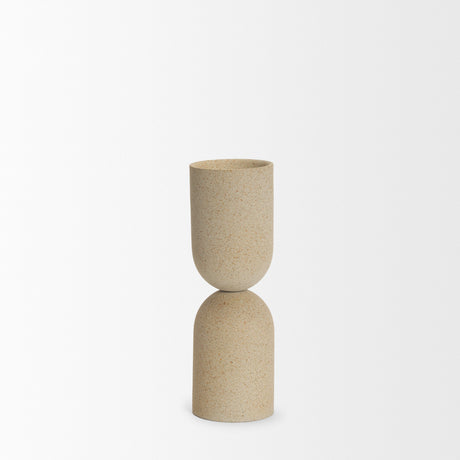 Qamra Medium Beige Textured Metal Pillar Candle Holder Candle Holder from Mercana - Luna Furniture