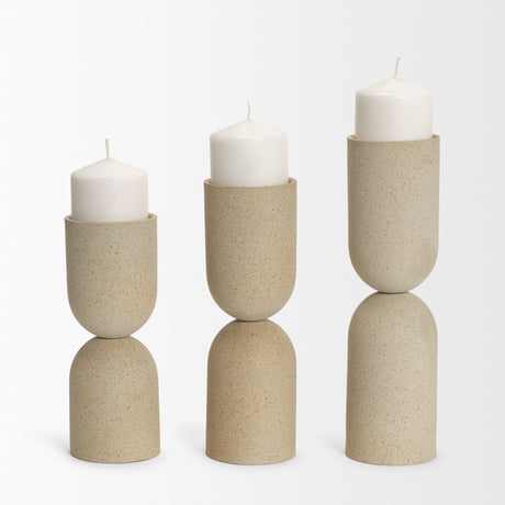 Qamra Tall Beige Textured Metal Pillar Candle Holder Candle Holder from Mercana - Luna Furniture
