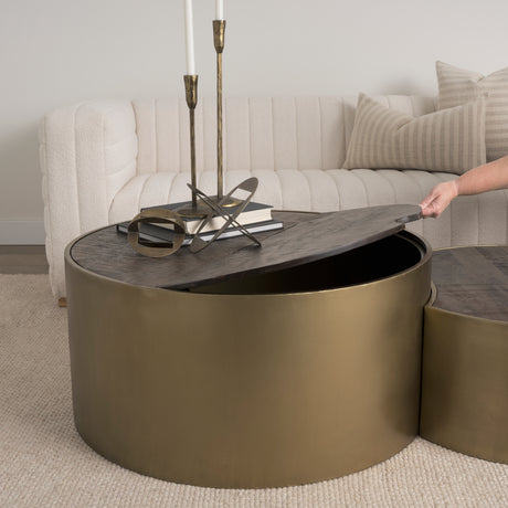 Eclipse Antique Brass Metal Drum Base w/ Dark Brown Wood Top Nested Coffee Table from Mercana - Luna Furniture