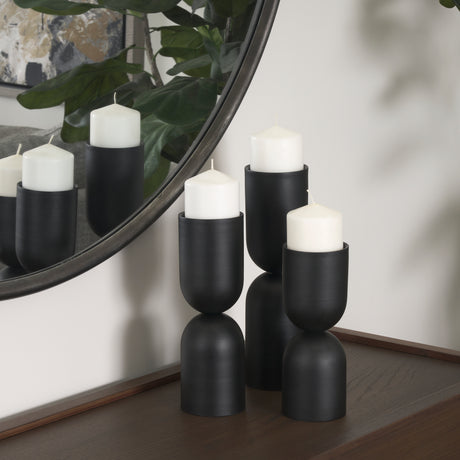 Qamra Medium Black Metal Pillar Candle Holder from Mercana - Luna Furniture