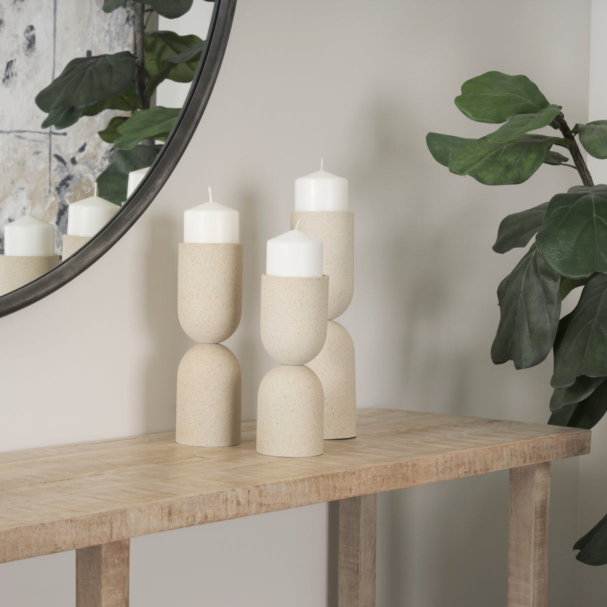 Qamra Medium Beige Textured Metal Pillar Candle Holder Candle Holder from Mercana - Luna Furniture
