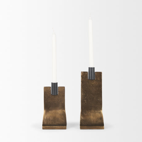 Polli Antiqued Gold w/ Matte Black Metal Taper Candleholders (Set of 2) from Mercana - Luna Furniture