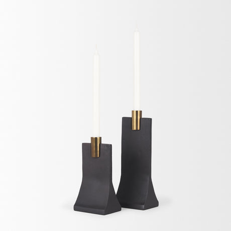 Polli Matte Black w/ Brushed Gold Metal Taper Candleholders (Set of 2) from Mercana - Luna Furniture