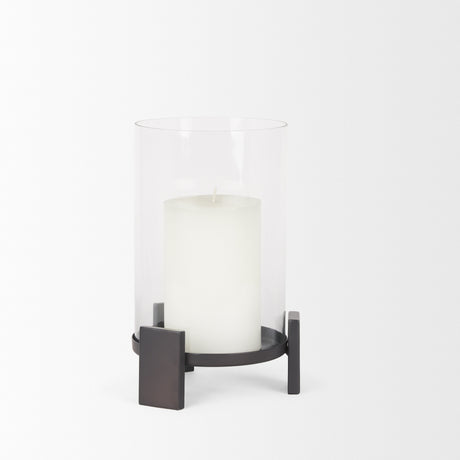 Price Small Matte Black-Brown Metal w/ Glass Hurricane Candle Holder from Mercana - Luna Furniture