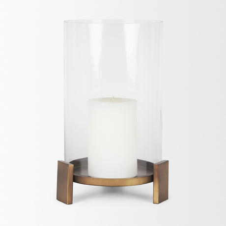 Price Large Antiqued Gold Metal w/ Glass Hurricane Candle Holder from Mercana - Luna Furniture