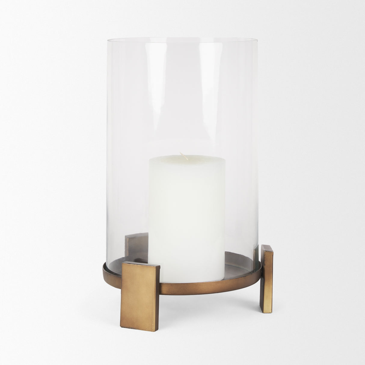 Price Large Antiqued Gold Metal w/ Glass Hurricane Candle Holder from Mercana - Luna Furniture
