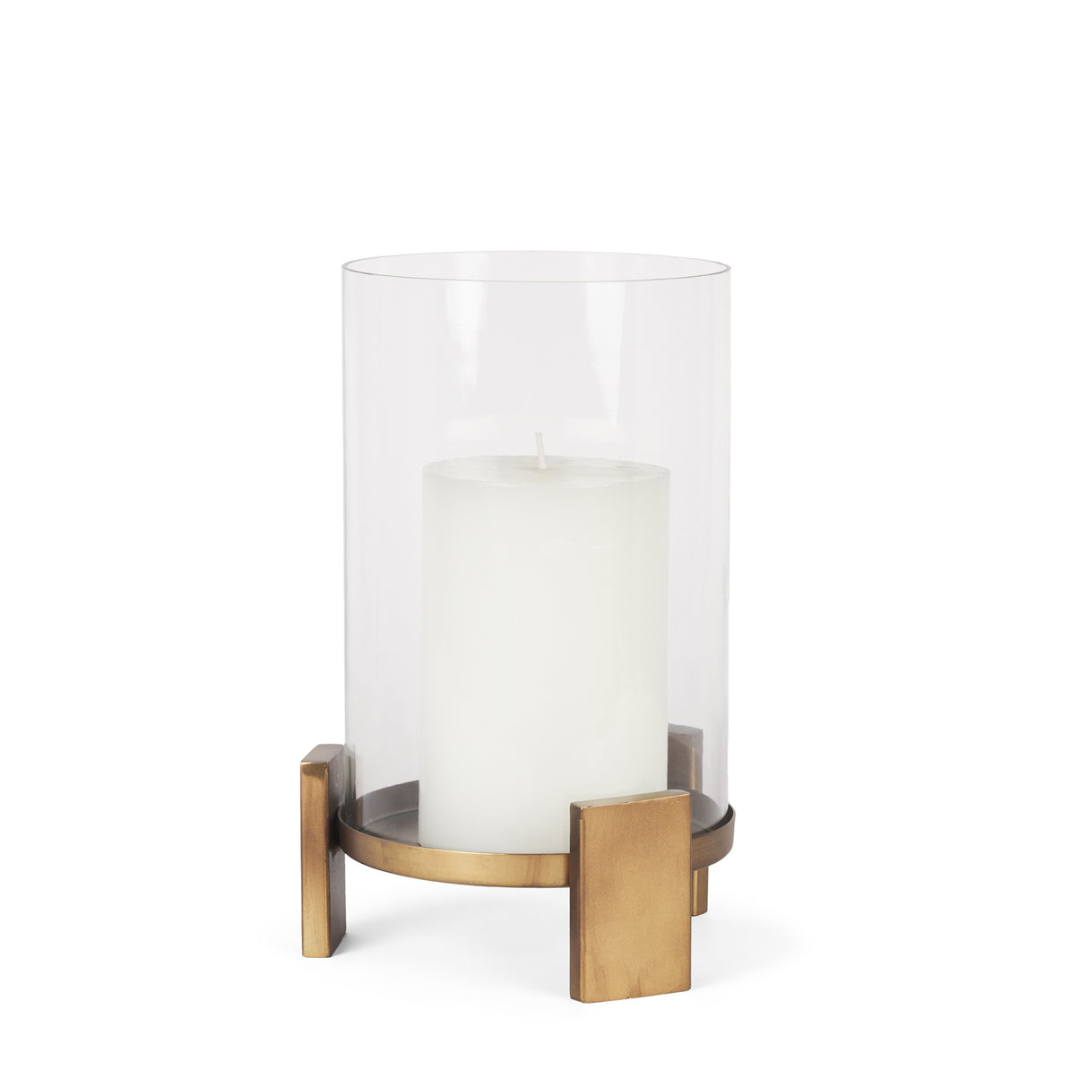 Price Small Antiqued Gold Metal w/ Glass Hurricane Candle Holder from Mercana - Luna Furniture