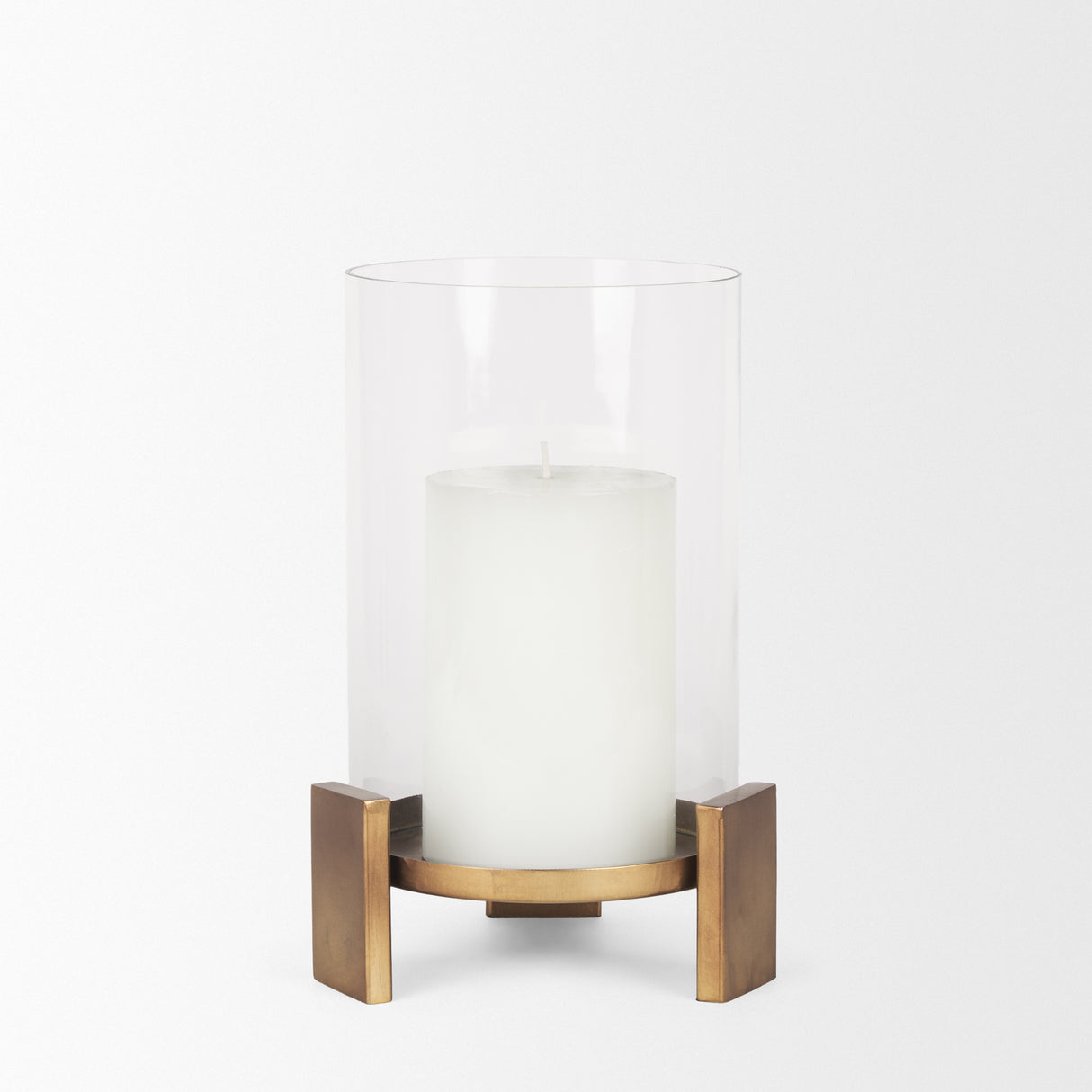Price Small Antiqued Gold Metal w/ Glass Hurricane Candle Holder from Mercana - Luna Furniture