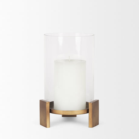 Price Small Antiqued Gold Metal w/ Glass Hurricane Candle Holder from Mercana - Luna Furniture