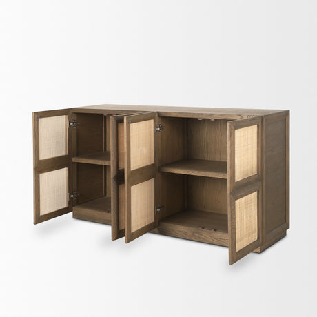 Sina Brown Oak Wood w/ Natural Rattan 4 Door Sideboard from Mercana - Luna Furniture
