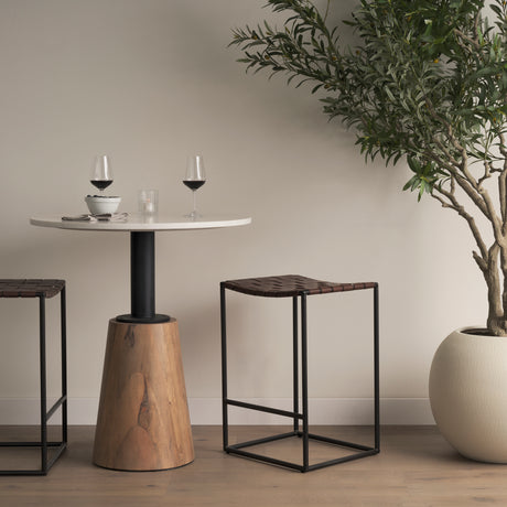 Clarissa 18.0L x 16.0W x 26.25H Dark Brown Woven Leather Seat W/ Black Iron Frame Counter Stool from Mercana - Luna Furniture